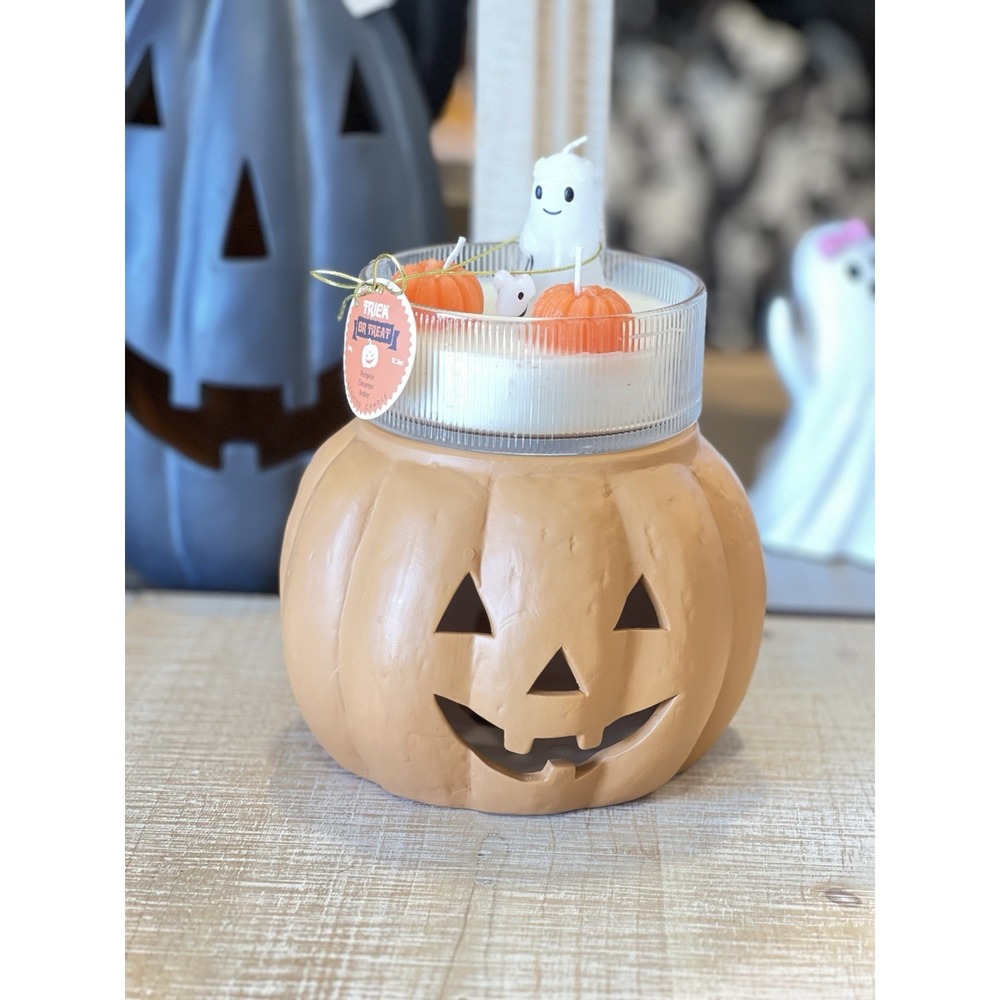 Halloween Pumpkin Candle with Ghost & Mini Pumpkins - Spooky. Fall Decor